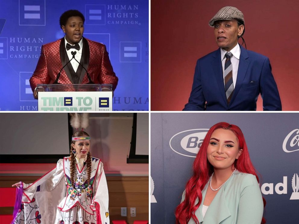 PHOTO: Ashton Mota speaks at a Human Rights Campaign event, Bev Palesa Ditsie appears in a video for Claremont Graduate University, Sherente Mishitashin Harris speaks at a Tedx talk in Rhode Island and Zoey Luna attends a GLAAD event in California.