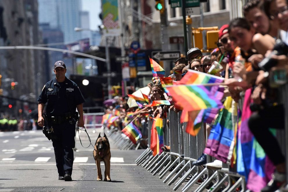 PHOTO: An NYPD officer and his patrol dog walk past parade watchers as they line Fifth Avenue during the 48th annual NYC Pride March, in New York, June 25, 2017.