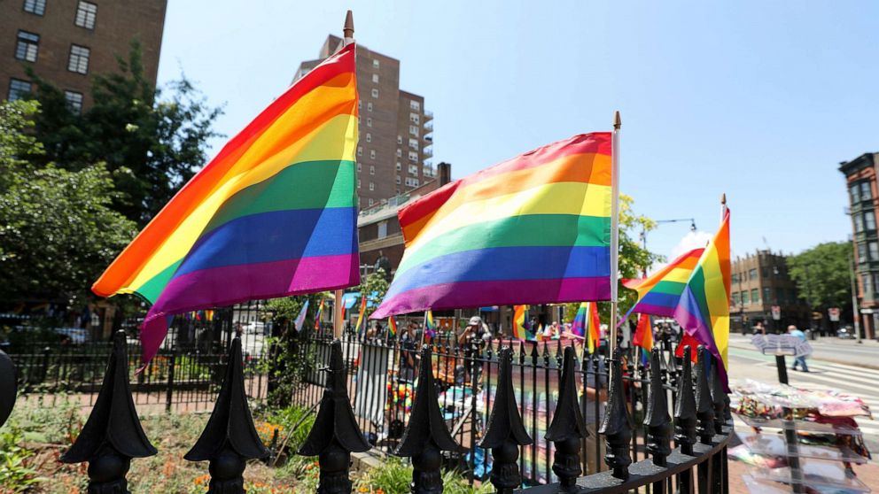 PHOTO: People celebrate as they take part in the 50th anniversary of the first Pride march, June 28, 2020, in New York City.