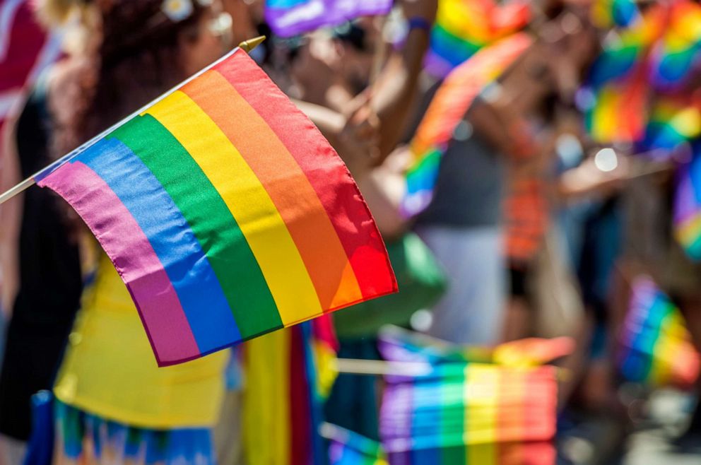 PHOTO: A person waves a Pride flag at a rally in this stock photo.