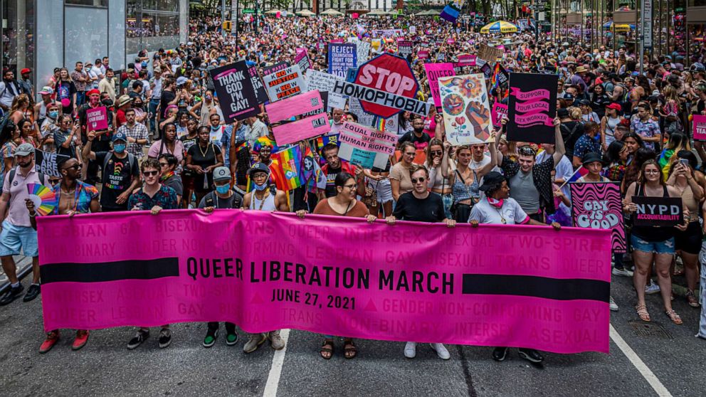 PHOTO: iIn this June 27, 2021, file photo, marchers participate on the Reclaim Pride Coalition's third annual Queer Liberation March, in New York.