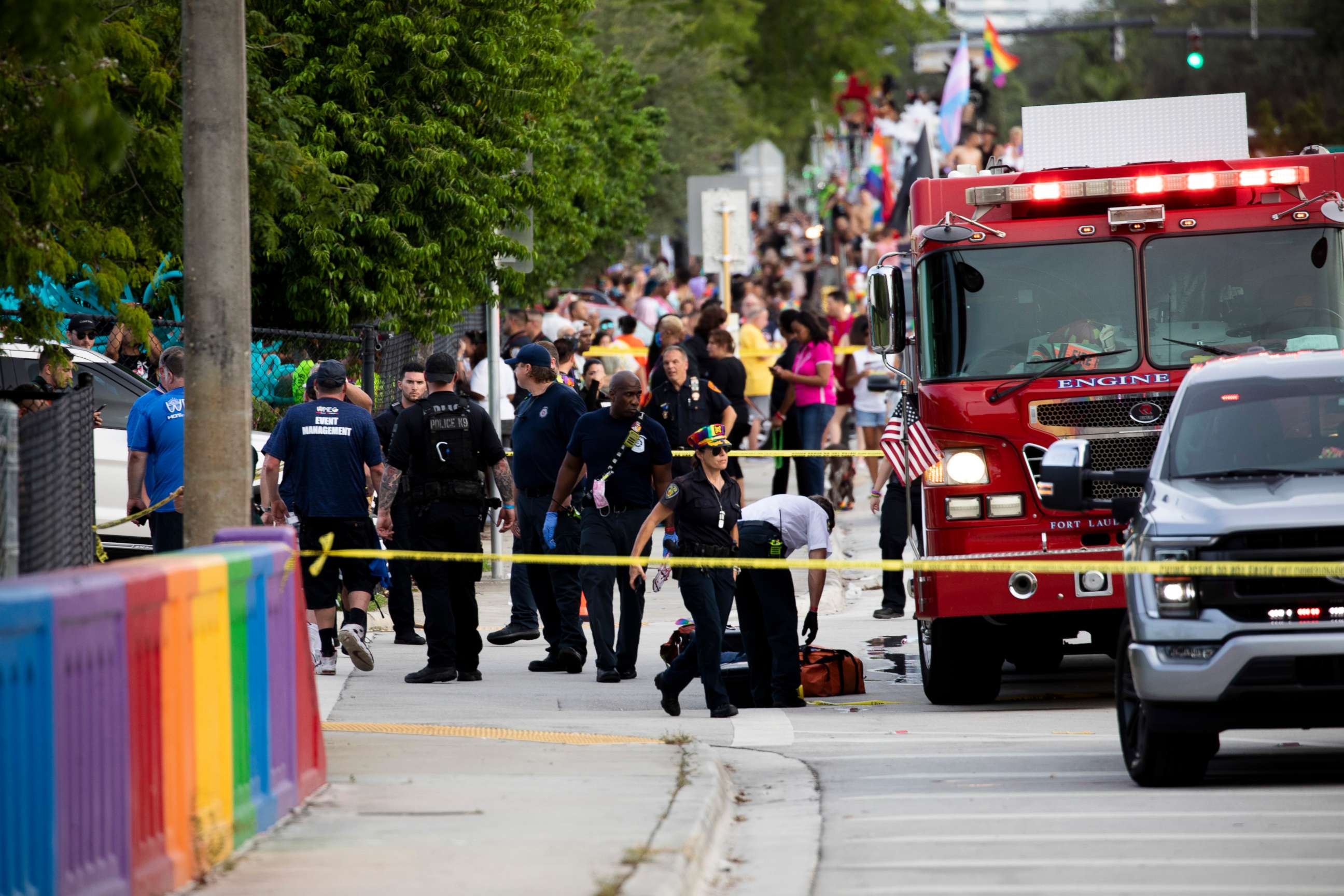 PHOTO: Police and firefighters respond after a truck drove into a crowd of people during The Stonewall Pride Parade and Street Festival in Wilton Manors, Fla., on Saturday, June 19, 2021.