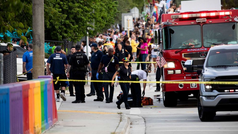 PHOTO: Police and firefighters respond after a truck drove into a crowd of people during The Stonewall Pride Parade and Street Festival in Wilton Manors, Fla., on Saturday, June 19, 2021.