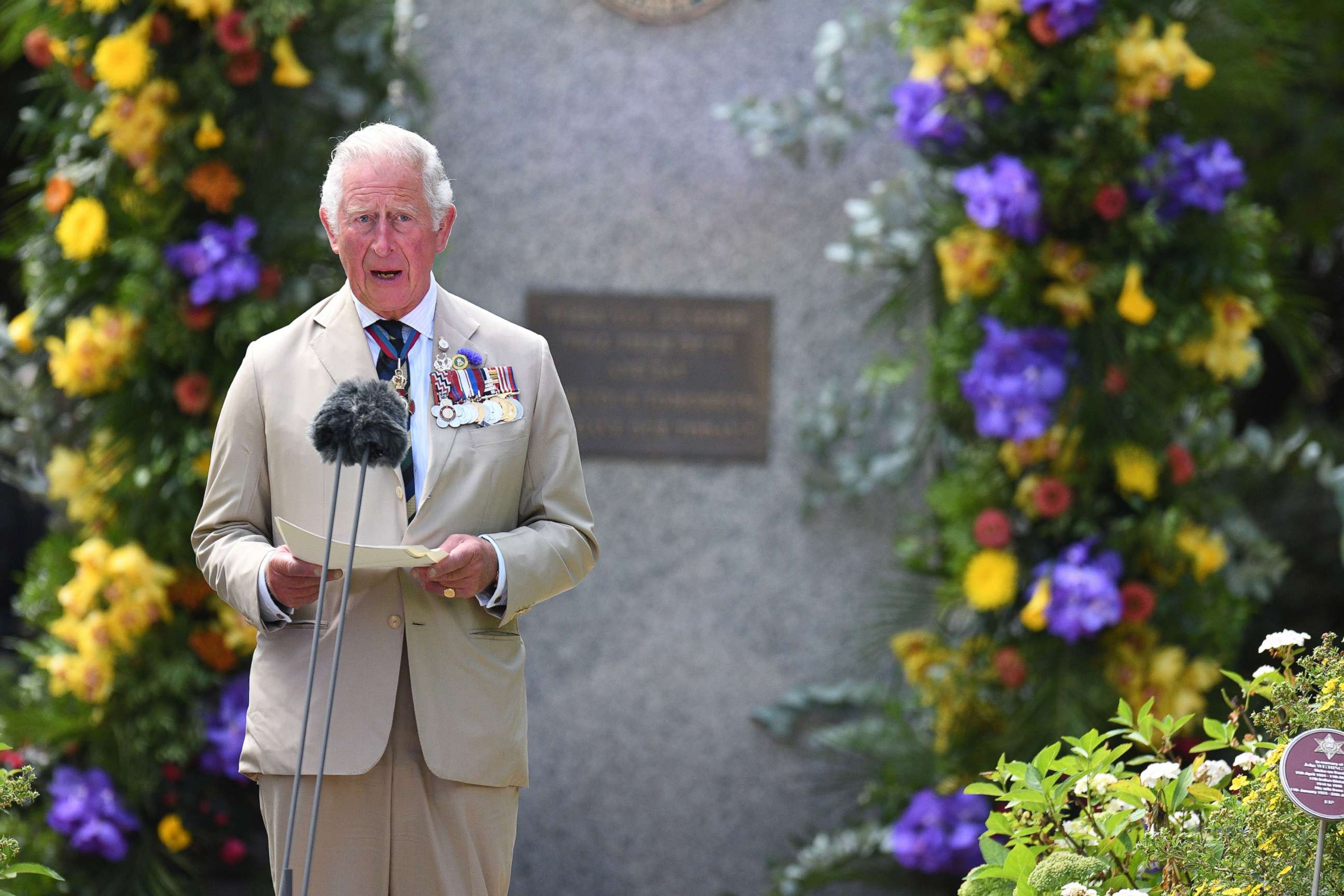PHOTO:Prince Charles, Prince of Wales delivers a speech during a national service of remembrance at the National Memorial Arboretum in Alrewas, central England on Aug. 15, 2020.