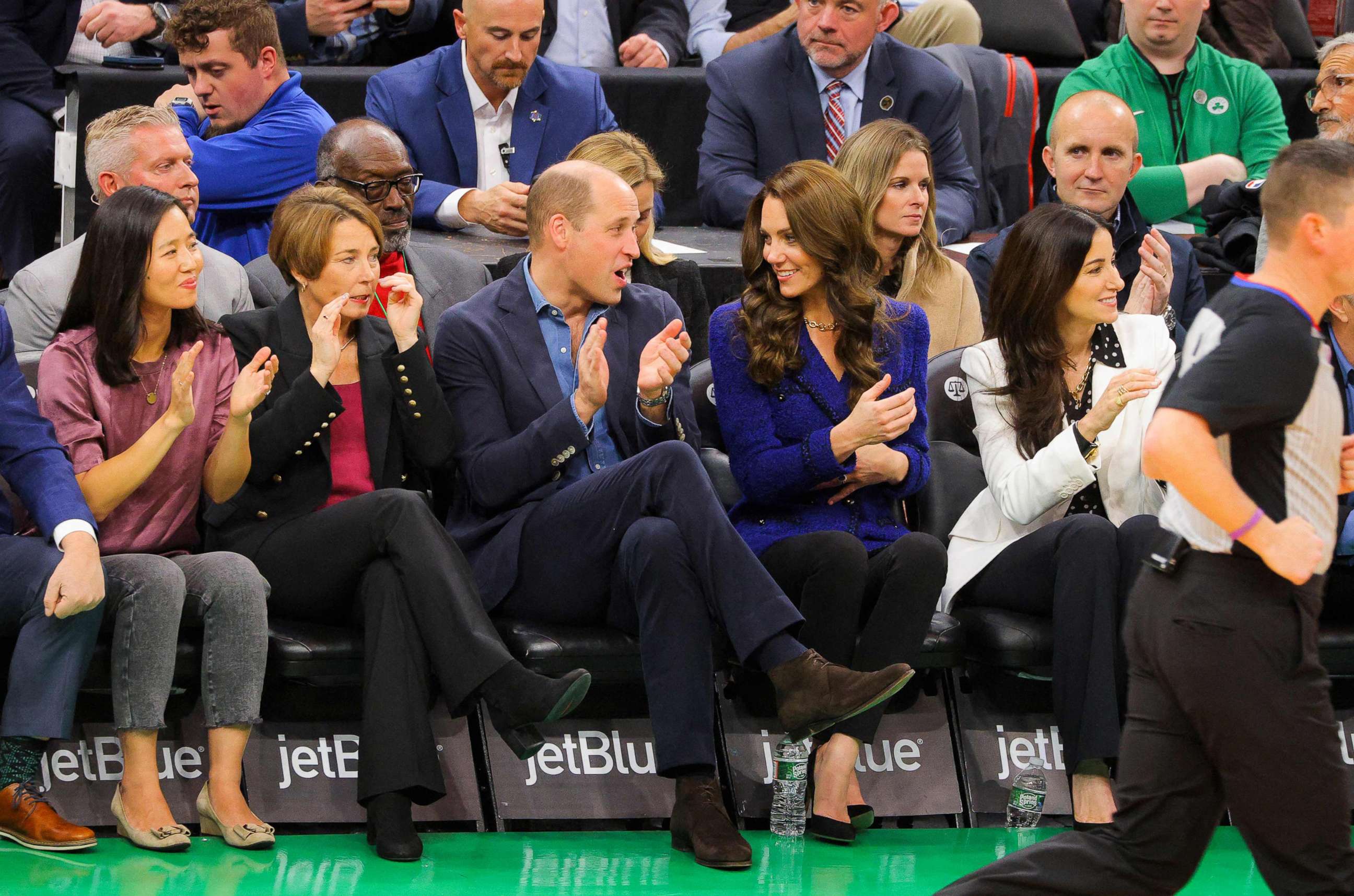 PHOTO: Mayor of Boston Michelle Wu, Governor-elect Maura Healey, Britain's Prince William, Catherine, Princess of Wales and Emilia Fazzalari, wife of Celtics owner Wyc Grousebeck, attend the Boston Celtics Miami Heat game in Boston, on Nov. 30, 2022. 