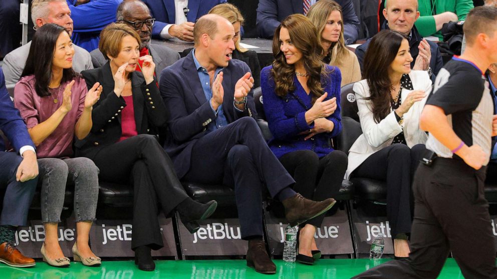 PHOTO: Mayor of Boston Michelle Wu, Governor-elect Maura Healey, Britain's Prince William, Catherine, Princess of Wales and Emilia Fazzalari, wife of Celtics owner Wyc Grousebeck, attend the Boston Celtics Miami Heat game in Boston, on Nov. 30, 2022. 