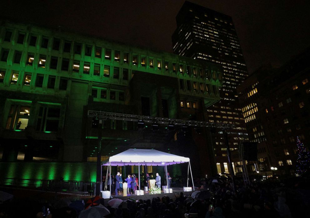 PHOTO: Britain's Prince William and Catherine, Princess of Wales and Mayor of Boston Michelle Wu turn the lights on on Boston City Hall, in Boston, Nov. 30, 2022.