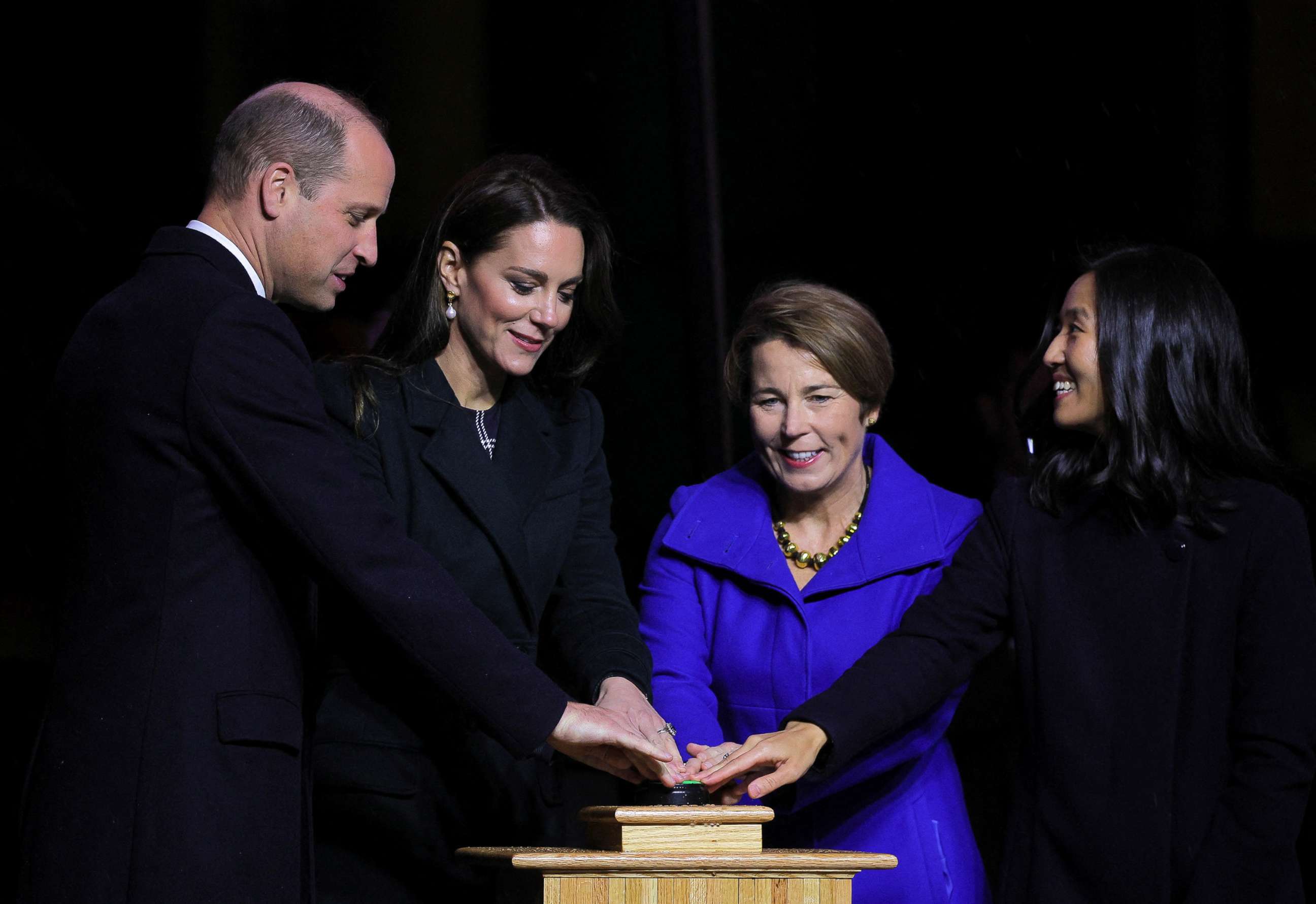 PHOTO: Britain's Prince William and Catherine, Princess of Wales and Mayor of Boston Michelle Wu turn the lights on on Boston City Hall, in Boston, Nov. 30, 2022.