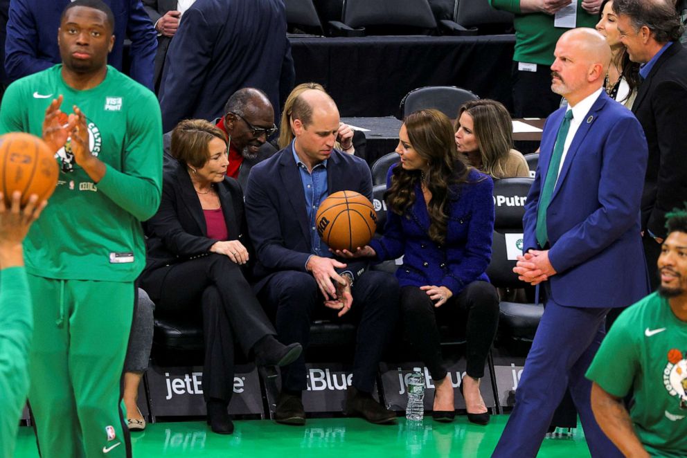 PHOTO: Governor-elect Maura Healey, Britain's Prince William, and Catherine, Princess of Wales attend the NBA game between the Boston Celtics and the Miami Heat, at TD Garden in Boston, Nov. 30, 2022. 