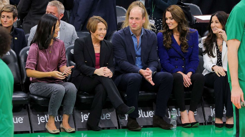 PHOTO: Mayor of Boston Michelle Wu, Governor-elect Maura Healey, Britain's Prince William, Catherine, Princess of Wales and Emilia Fazzalari wife of Celtics owner Wyc Grousebeack, attend the Boston Celtics and Miami Heat game in Boston, Nov. 30, 2022.