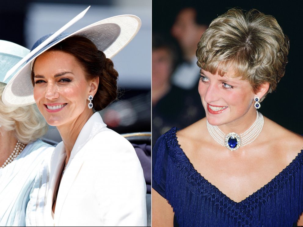 PHOTO: Princess Catherine is shown at the Trooping the Colour event on June 2, 2022, in London. | Princess Diana is shown at the Met Gala in New York in 1996.