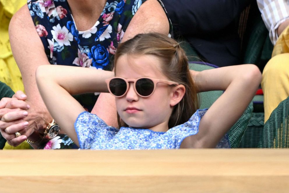 PHOTO: Princess Charlotte watches Carlos Alcaraz vs Novak Djokovic in the Wimbledon 2023 men's final on Centre Court during day fourteen of the Wimbledon Tennis Championships, July 16, 2023, in London.
