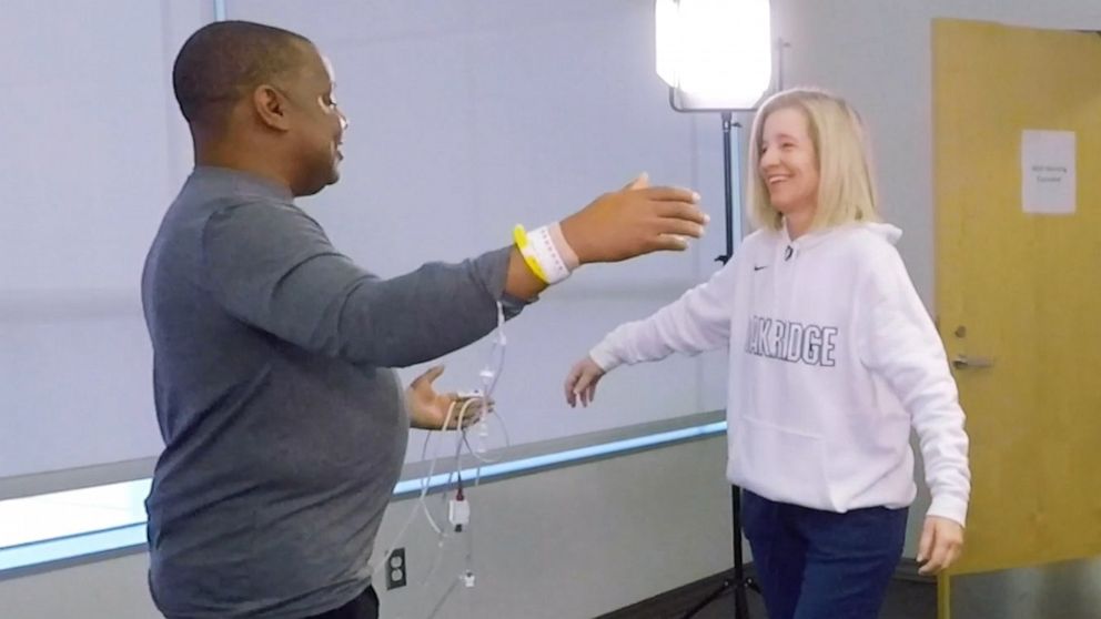 PHOTO: Nate Jones and Sarah Schecter, Principal of The Oakridge School in Arlington, Texas, reunite after Jones received her kidney in a transplant at UT Southwestern Medical Center on Jan. 13, 2020.