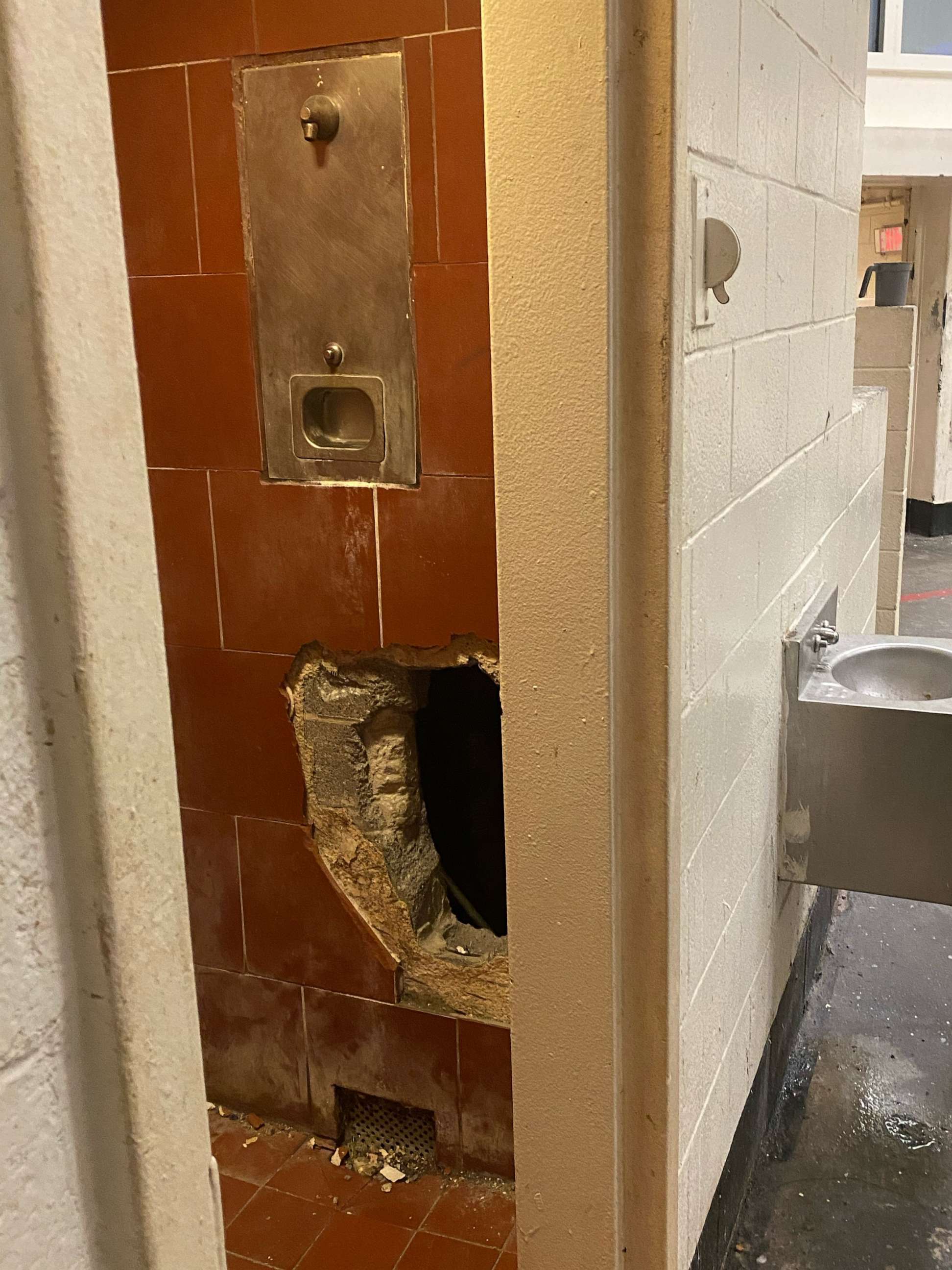 PHOTO: A hole allegedly created by an inmate is seen in this photo taken on May 18, 2023, and released by the Fulton County Sheriff's Office.
