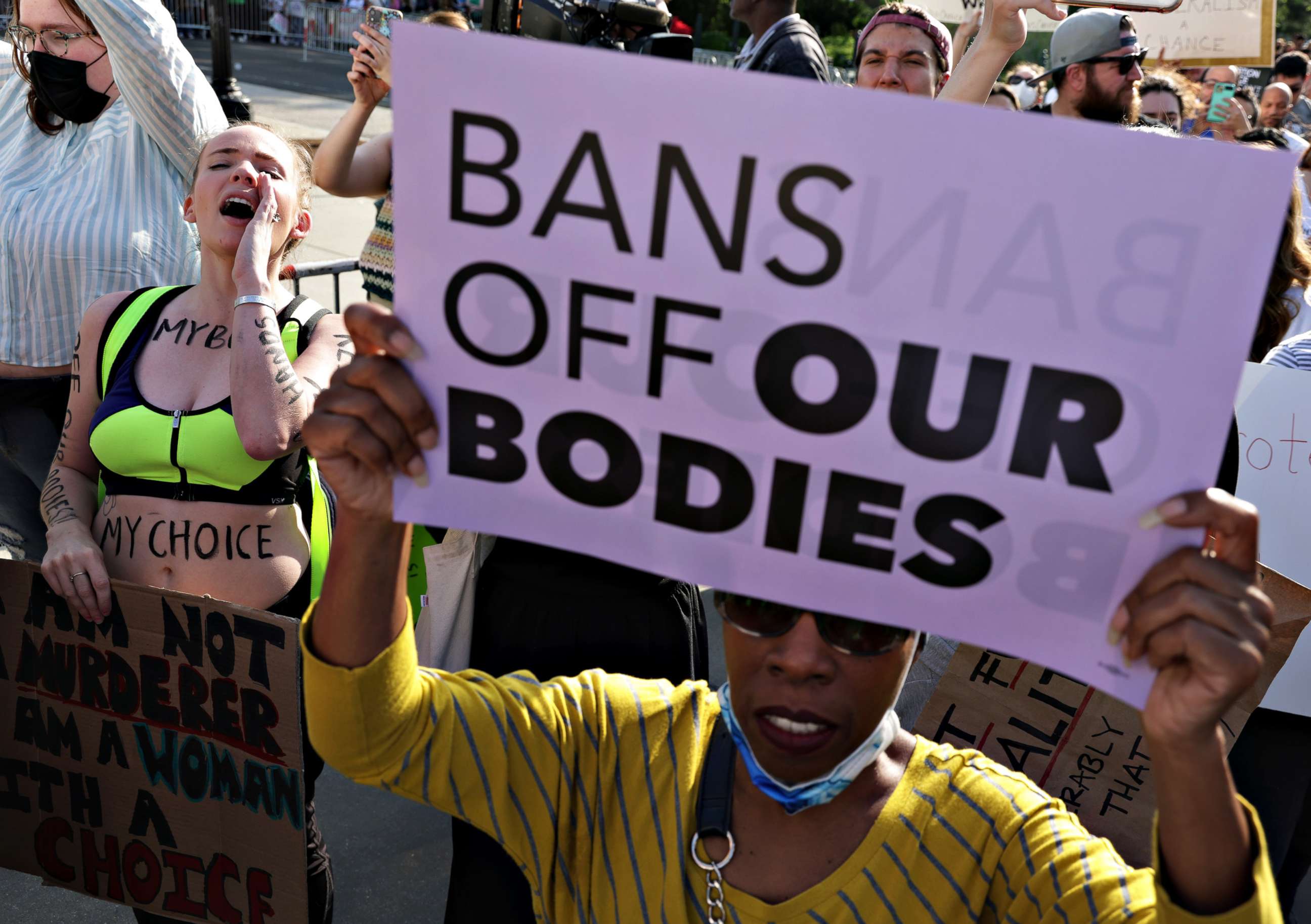 PHOTO: Pro-choice activists protest during a rally in front of the U.S. Supreme Court in response to the leaked Supreme Court draft decision to overturn Roe v. Wade May 3, 2022 in Washington.