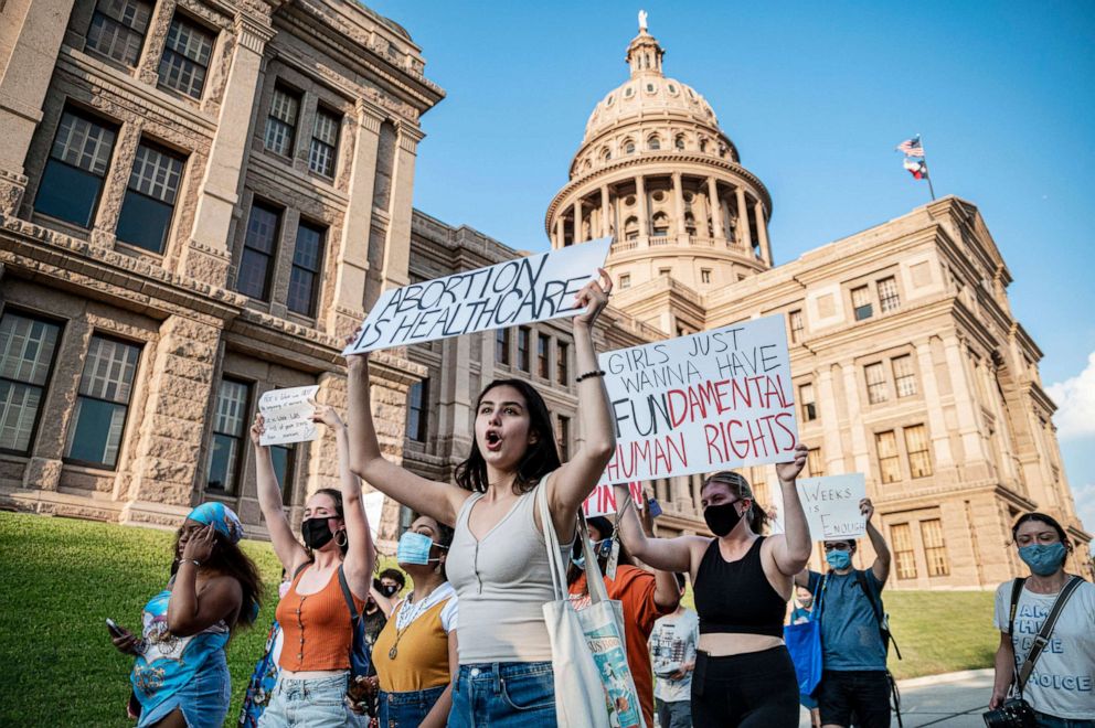 PHOTO: Pro-choice protesters march outside the Texas State Capitol on Sept. 1, 2021 in Austin, Texas. Texas passed SB8 which effectively bans nearly all abortions.