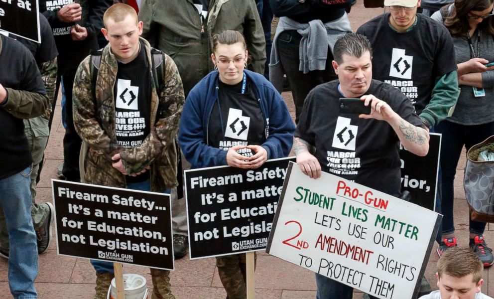 PHOTO: Pro-gun marchers gather during a rally designed by organizer to advocate for fortified schools and more armed teachers March 24, 2018, at the Utah State Capitol, in Salt Lake City. 