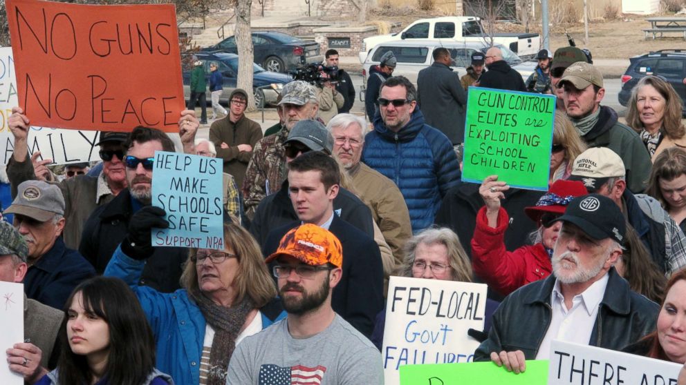 PHOTO: Gun-rights advocates rally during a protest at the Montana Capitol, March 24, 2018, in Helena, Mont. The counter-protest was held at the same time as the nationwide March for Our Lives rally was taking place.