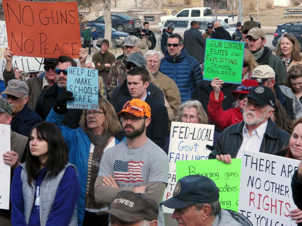 PHOTO: Gun-rights advocates rally during a protest at the Montana Capitol, March 24, 2018, in Helena, Mont. The counter-protest was held at the same time as the nationwide March for Our Lives rally was taking place.