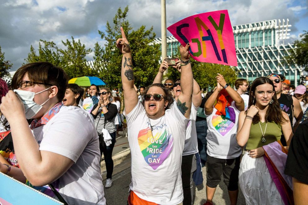 PHOTO:  Members and supporters of the LGBTQ community attend the "Say Gay Anyway" rally in Miami Beach, Fla., March 13, 2022.