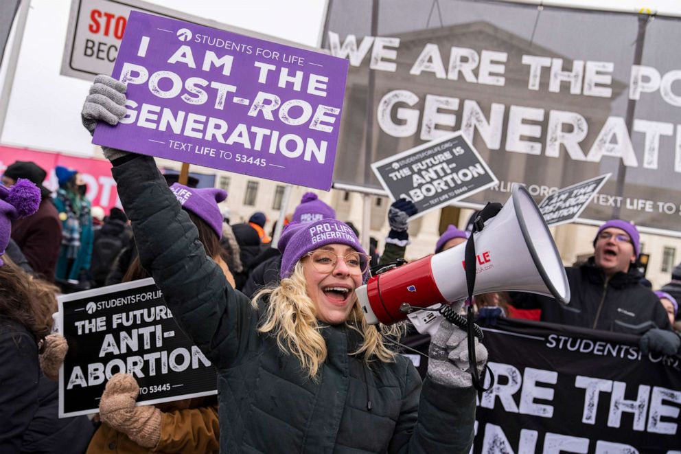 PHOTO: Demonstrators walk on First Street during the annual 49th March for Life anti-abortion demonstration on Capitol Hill on Jan. 21, 2022 in Washington, D.C. 