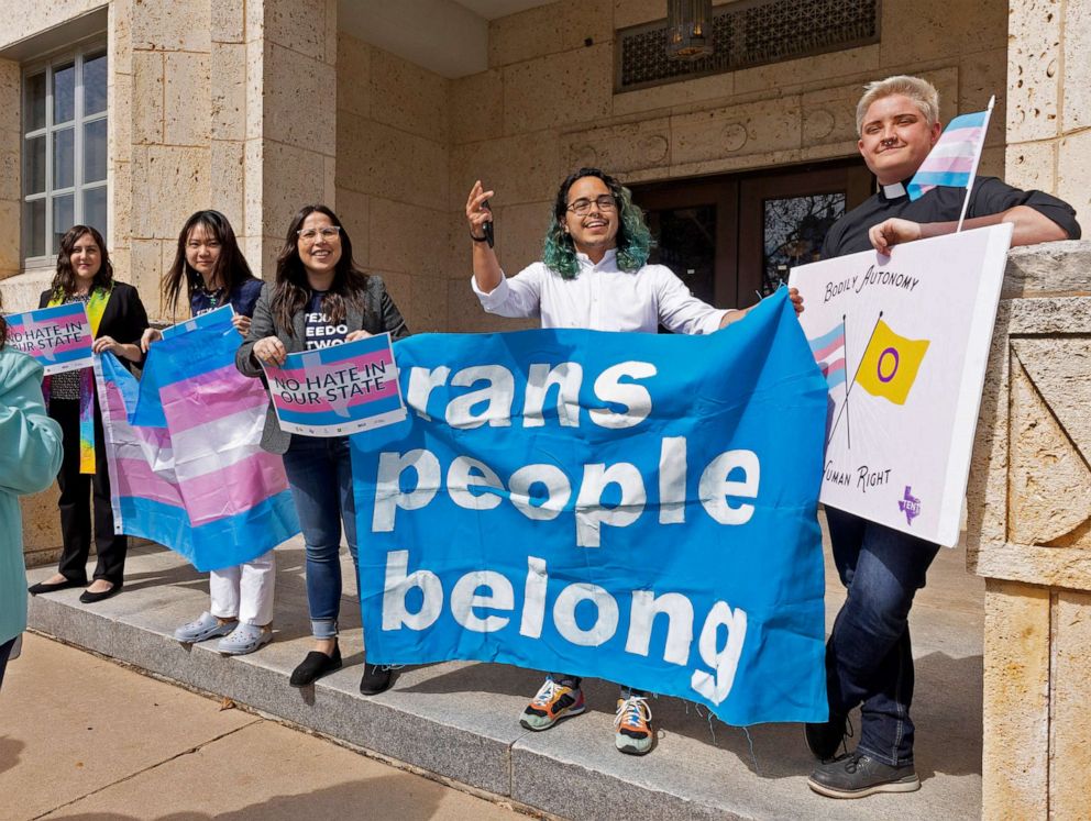 PHOTO: LGBTQ leaders speak outside the Travis County courthouse where a hearing was held to stop the newly mandated child welfare investigations targeting families of transgender children, Mar. 2, 2022 in Austin, Texas.