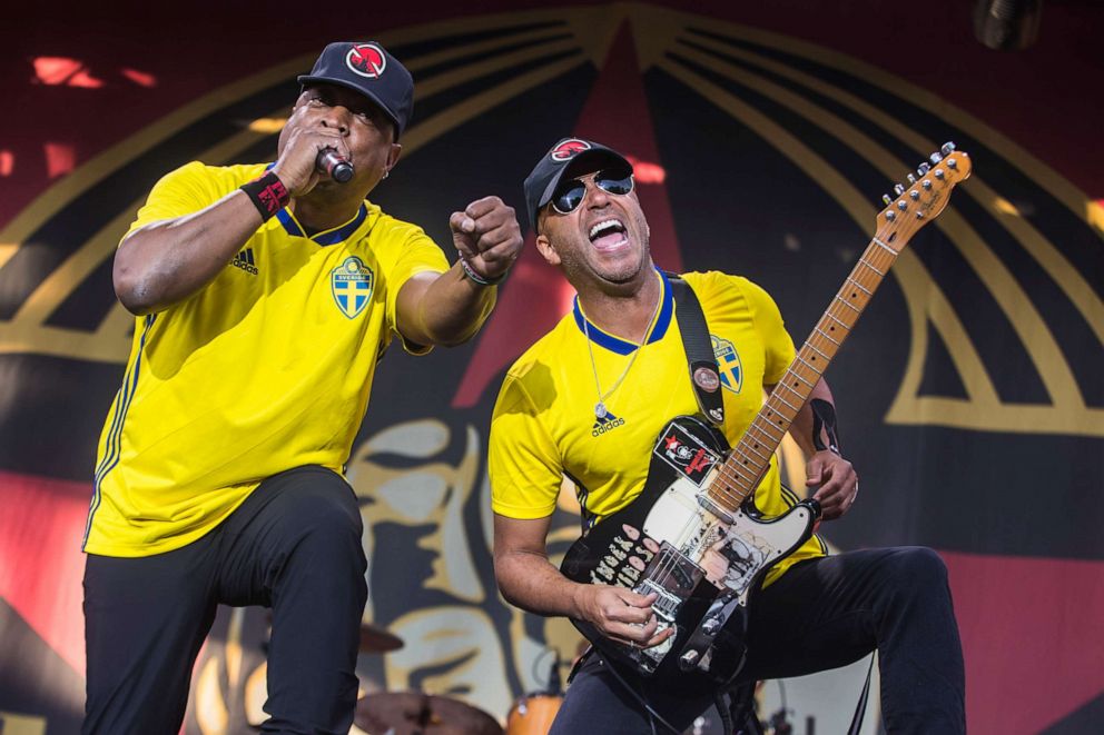 PHOTO: Chuck D and Tom Morello of the band Prophets of Rage performs in concert at Grona Lund on June 26, 2018 in Stockholm, Sweden.