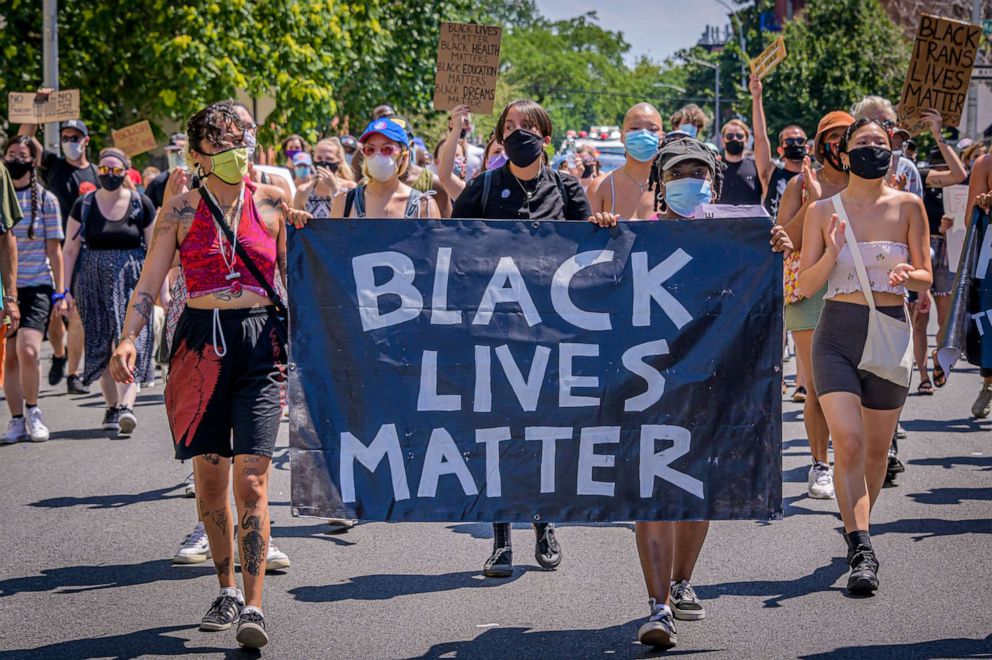 PHOTO: Participants hold a Black Lives Matter banner at a protest in Brooklyn, July 26, 2020.