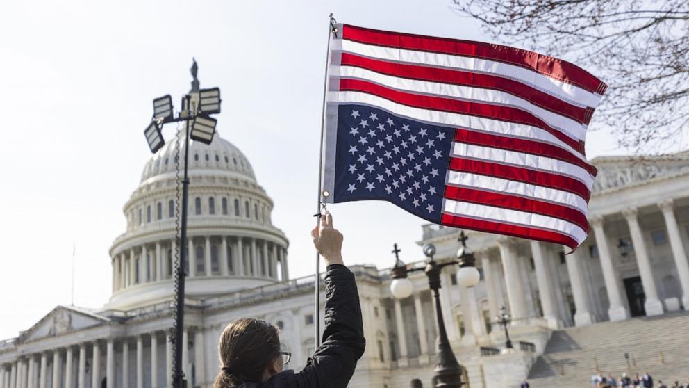 PHOTO: A protestor waves an upside-down American flag, a sign of dire distress according to the United States Flag Code, outside the Capitol in Washington, Mar. 4 2025.