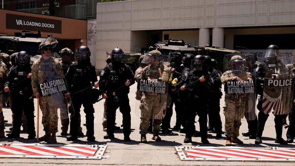 PHOTO: Members of security forces stand guard near the Edward R. Roybal Federal building after days of protests against federal immigration sweeps in Los Angeles, June 10, 2025.