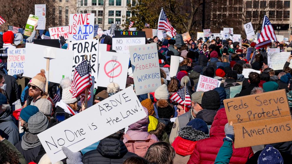 PHOTO: Protesters rally against the Trump administration during 'Not My President's Day' protests at the Capitol Reflecting Pool, Feb. 17, 2025 in Washington.