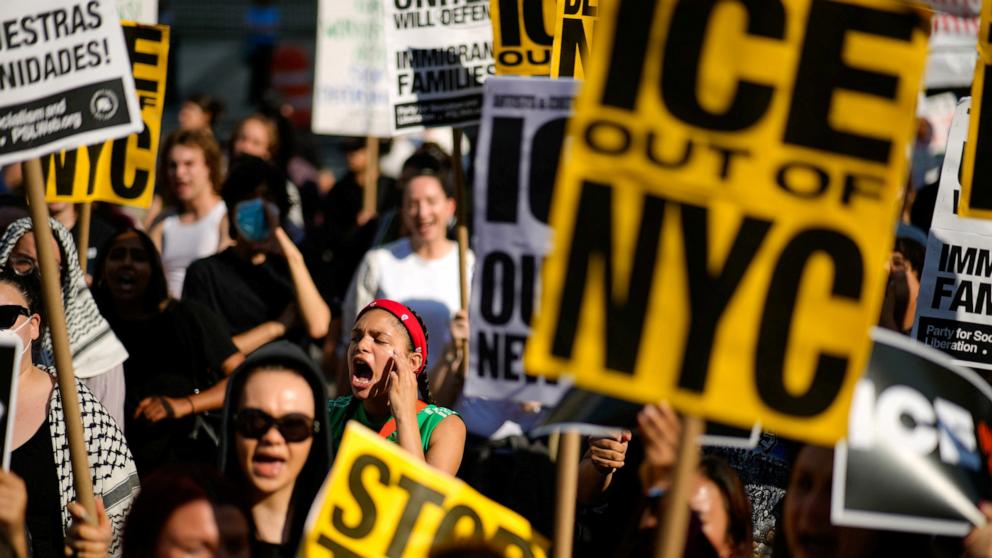 PHOTO: People protest against federal immigration sweeps, near the U.S. immigration court at the Jacob K. Javits Federal Building, in New York, June 10, 2025.