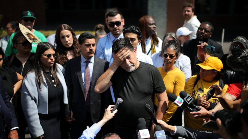 PHOTO: SEIU California and SEIU-USWW union president David Huerta reacts as he speaks to the media after his release from detention outside the Edward R. Roybal Federal Building, amid federal immigration sweeps in downtown Los Angeles, June 9, 2025. 