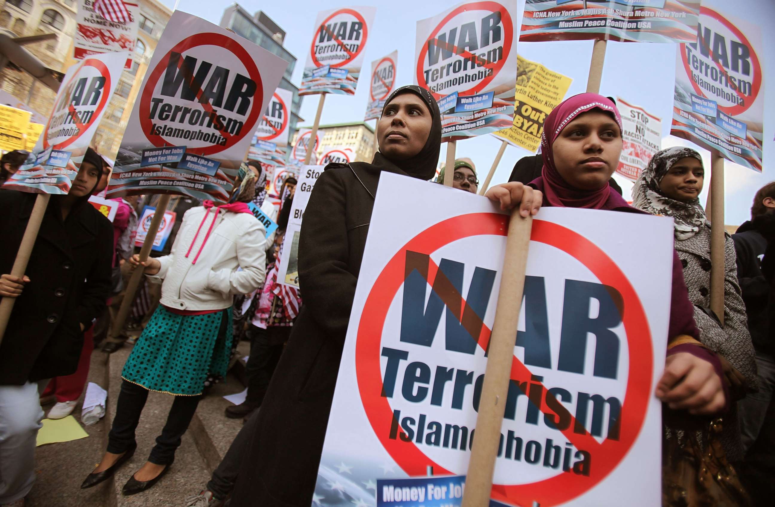 PHOTO: Muslim protesters gather at a large anti-war rally in Union Square on April 9, 2011 in New York City. 