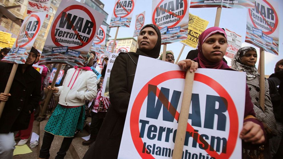 PHOTO: Muslim protesters gather at a large anti-war rally in Union Square on April 9, 2011 in New York City. 