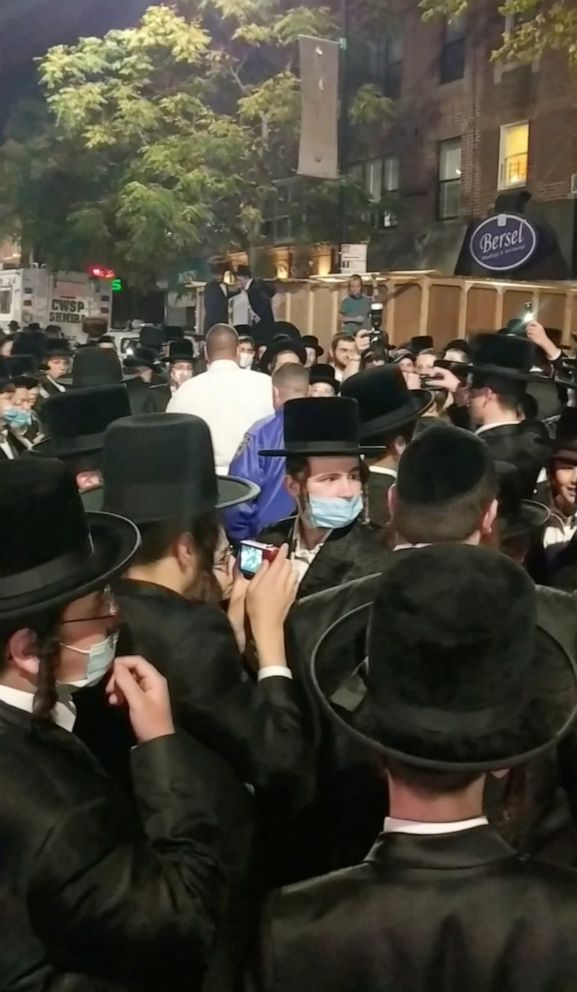 PHOTO: Orthodox Jews protest during a demonstration, amid the COVID-19 outbreak, in Brooklyn, NY., Oct 6, 2020.