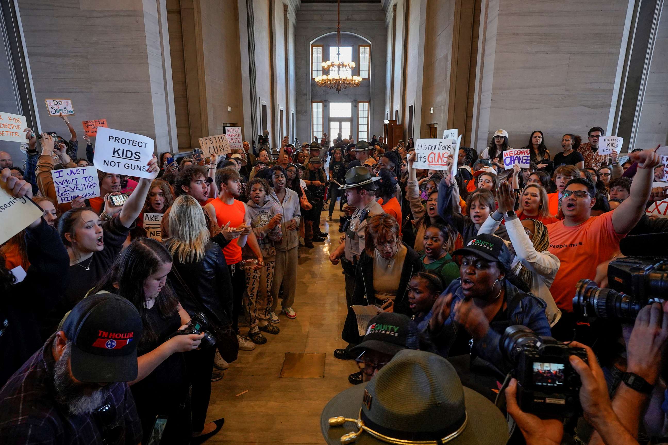 PHOTO: Protesters gather inside the Tennessee State Capitol to call for an end to gun violence and support stronger gun laws after a deadly shooting at the Covenant School in Nashville, Tenn., March 30, 2023.