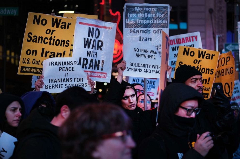 PHOTO: People participate in a protest in New York City's Times Square against U.S. military conflict with Iran on Jan. 08, 2020. The "No War With Iran" protest follows the assassination of Iranian general Qasem Soleimani by the Trump administration.