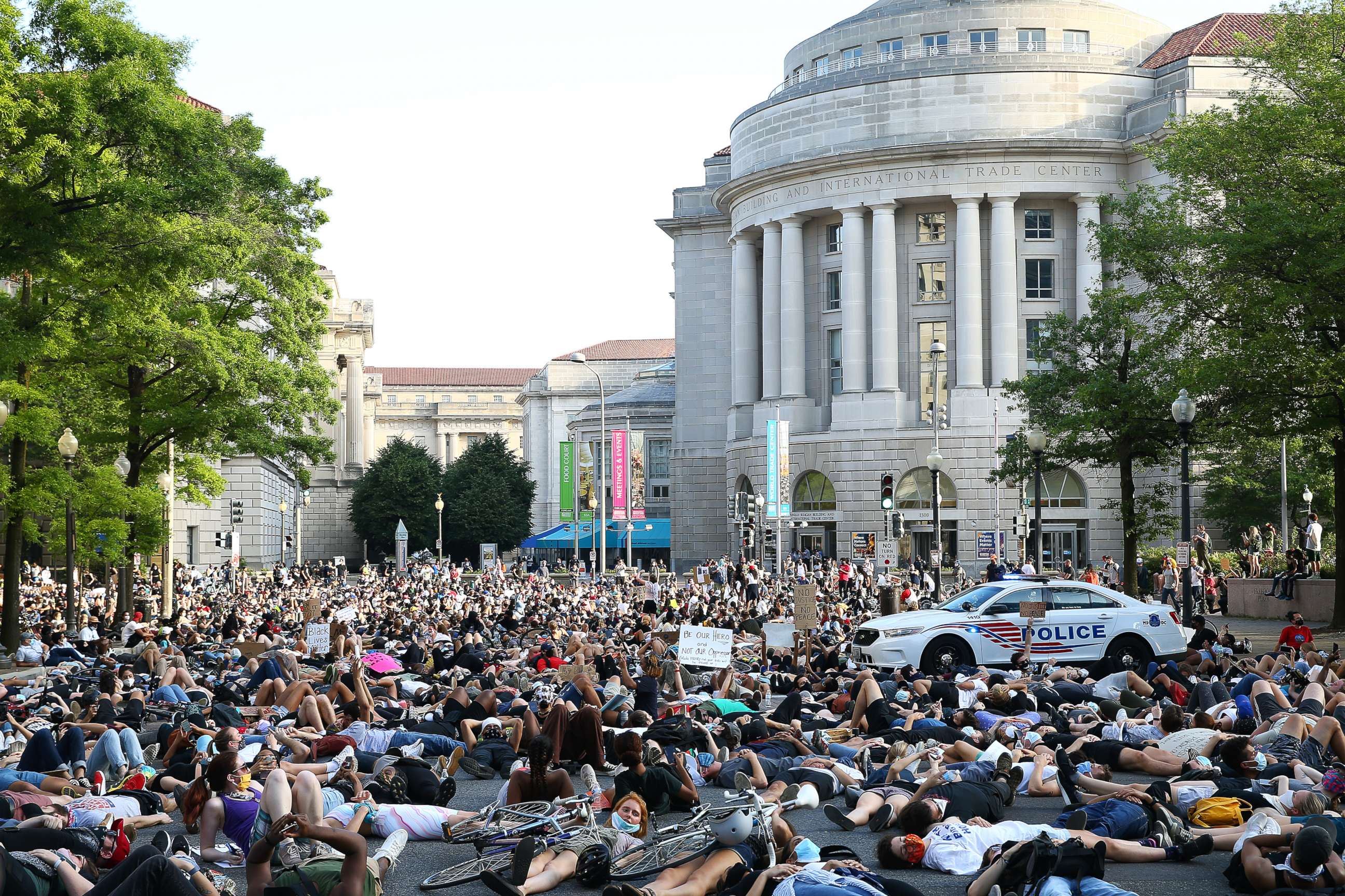 PHOTO: Demonstrators lay down at 15th St. and Pennsylvania Avenue during a peaceful protest against police brutality and the death of George Floyd, on June 3, 2020 in Washington, DC.
