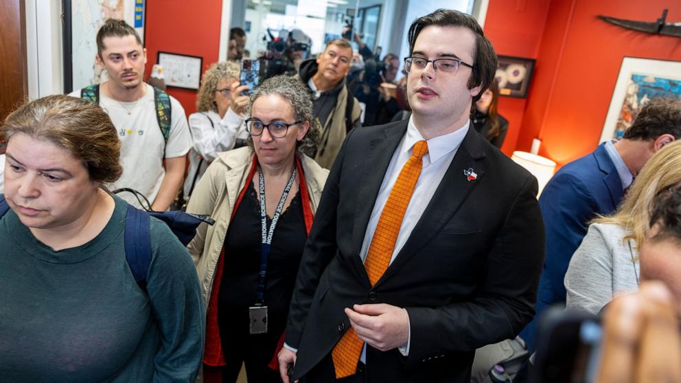 PHOTO: Former National Science Foundation employee Brandon Bradley, who was terminated by the Department of Government Efficiency recites his termination story in Sen. Lisa Murkowski's office in Washington, Feb. 25, 2025.