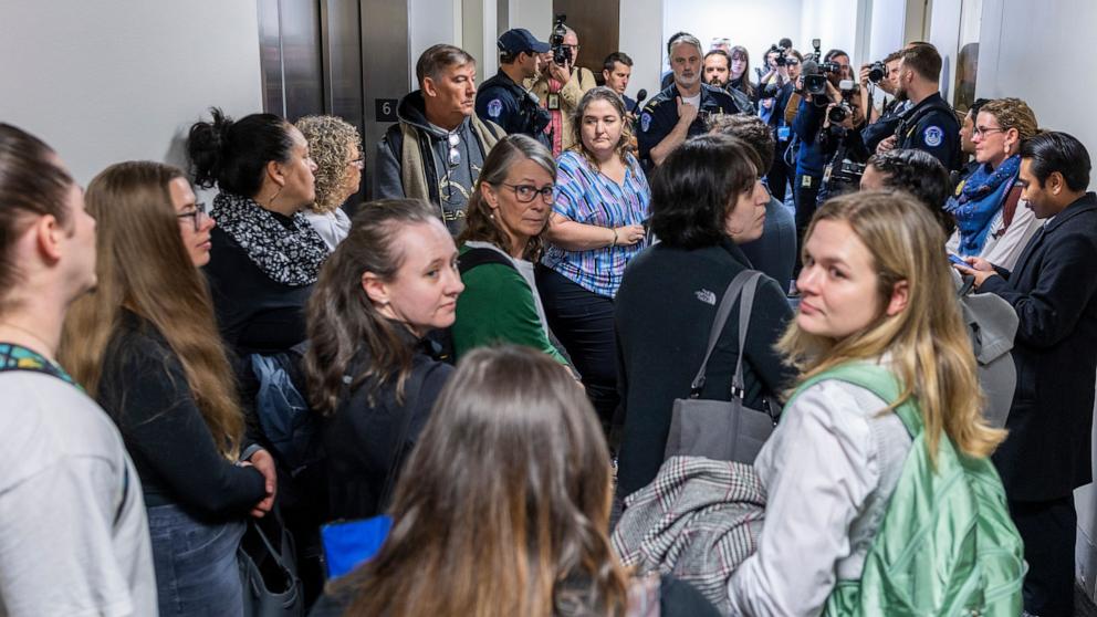 PHOTO: Federal workers terminated by the Department of Government Efficiency organize prior to visiting Senators offices to tell their stories in the Senate Hart Office Building on Capitol Hill in Washington, Feb. 25, 2025.