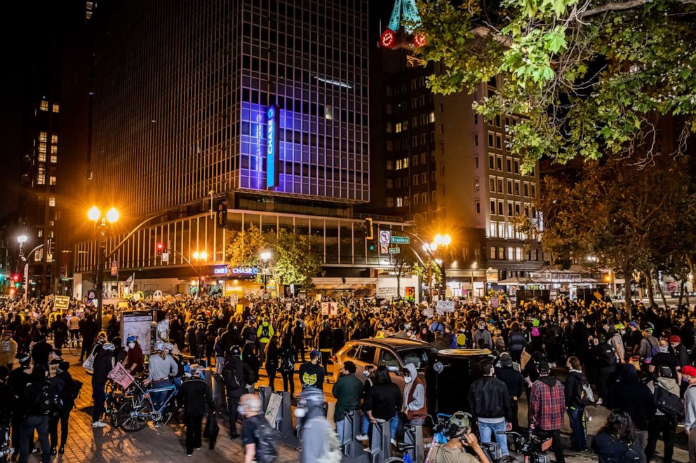PHOTO: Hundreds of protesters gather downtown, July 25, 2020, in Oakland, Calif.