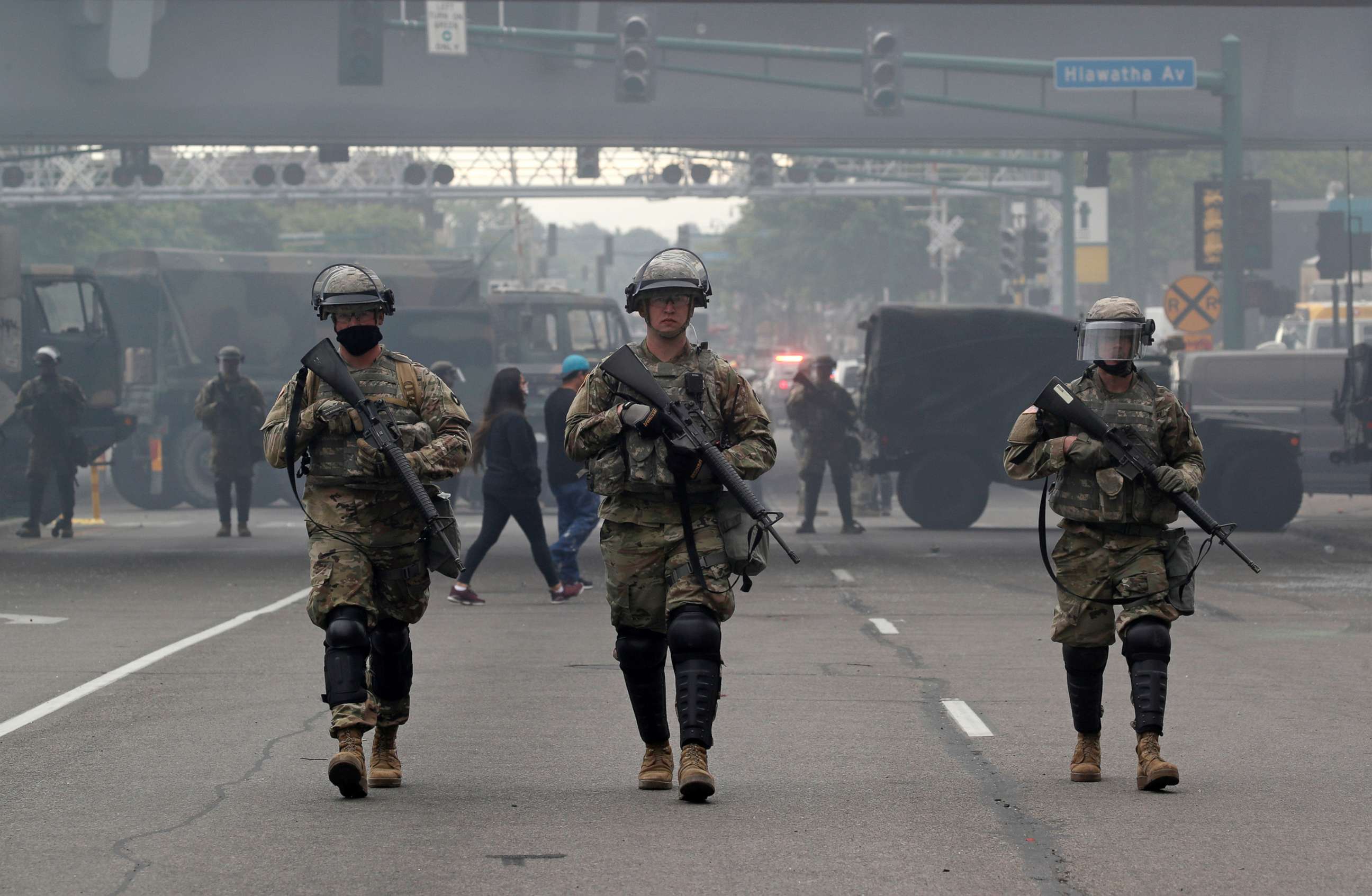 PHOTO: National Guard members patrol the protest area in Minneapolis, May 29, 2020, after three days of violent protests over the death of George Floyd.