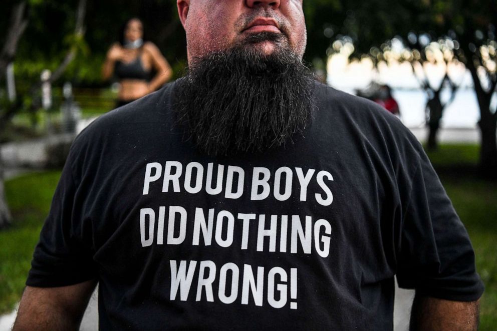 PHOTO: A man wearing a "Proud Boys" shirt arrives for a presidential town hall event at the Perez Art Museum in Miami, Oct. 15, 2020.