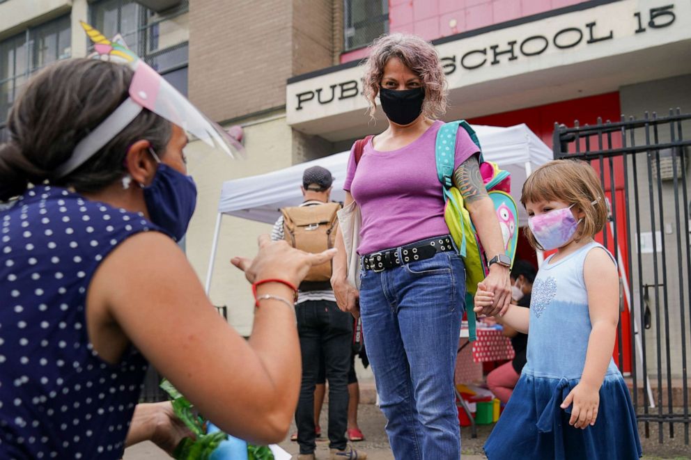 PHOTO: Teachers and students participate in an outdoor learning demonstration at P.S. 15 in the Red Hook neighborhood of the Brooklyn borough of New York City, on Sept. 2, 2020.