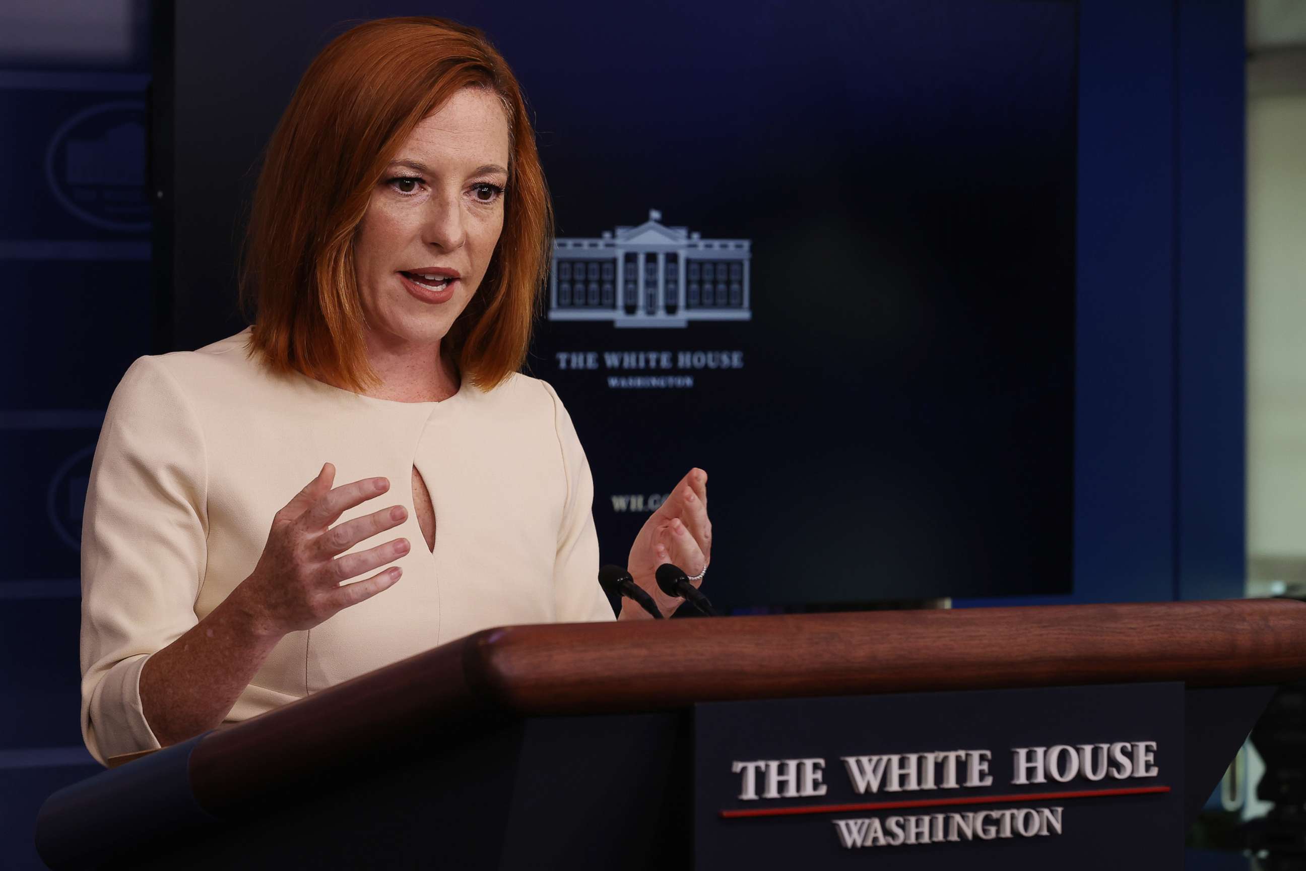 PHOTO: White House Press Secretary Jen Psaki calls on reporters during the daily news conference in the Brady Press Briefing Room at the White House on Oct. 4, 2021, in Washington, D.C.