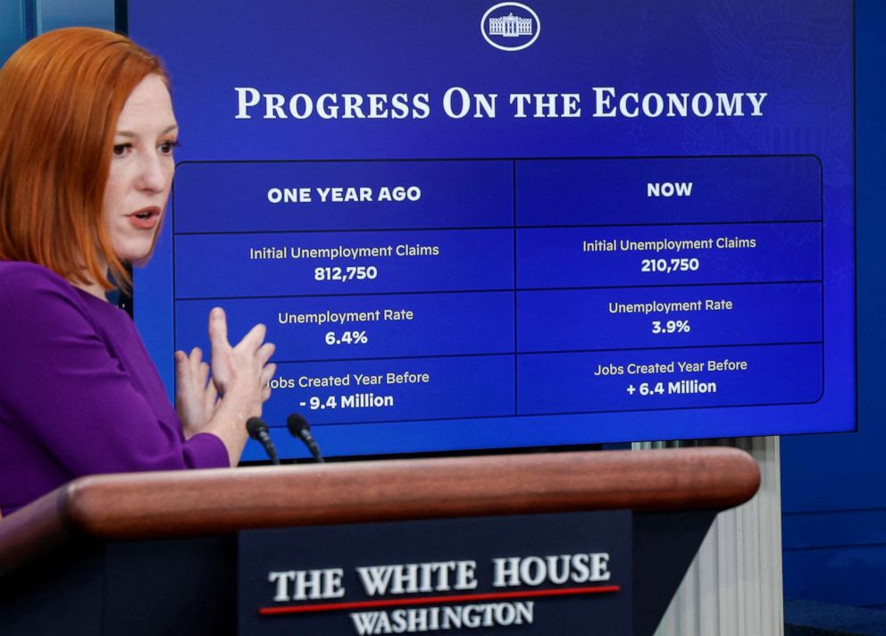 PHOTO: White House Press Secretary Jen Psaki shows a chart of economic data during the daily press briefing at the White House in Washington, Jan. 18, 2022.