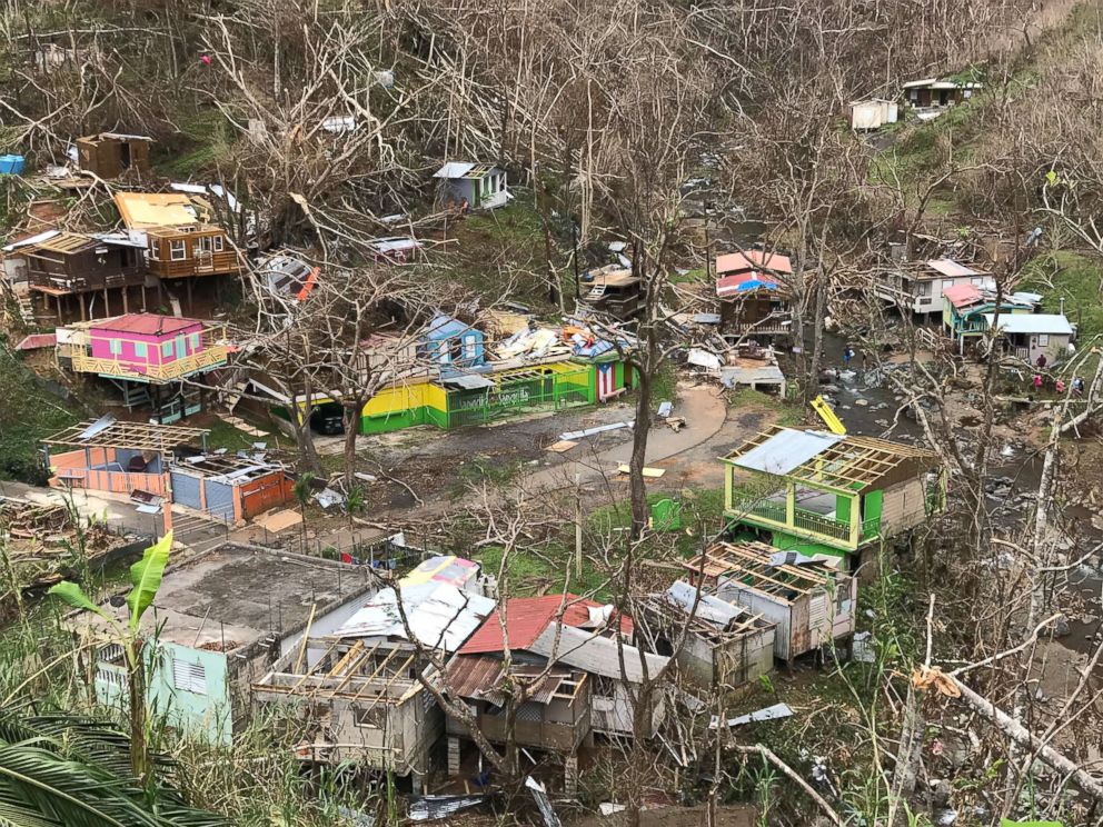 PHOTO: The Puerto Rico town of Comerío lays in tatters with most of the roofs were ripped off and trees stripped by Hurricane Maria, Oct. 5, 2017.