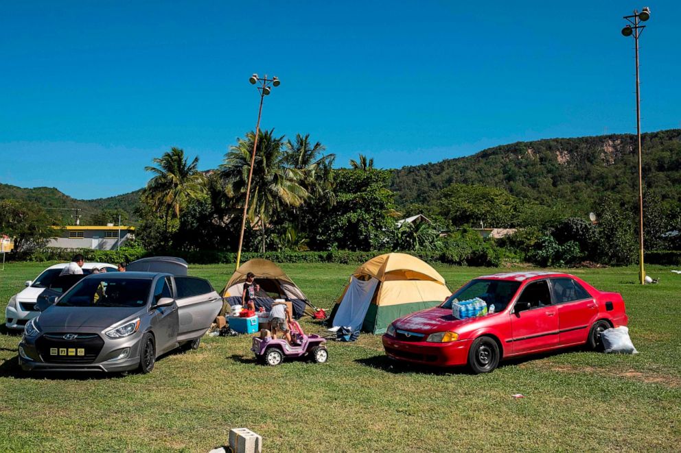 PHOTO: A camp is set up at a baseball field in Guanica, Puerto Rico on Jan. 11, 2020, after a powerful earthquake hit the island.