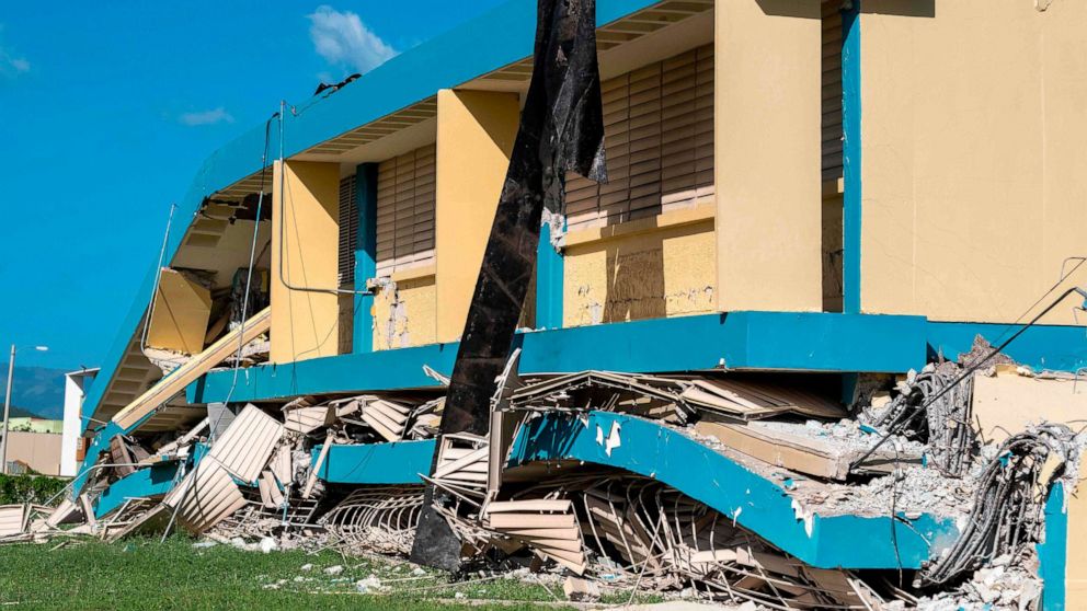 PHOTO: The Agripina Seda school is seen destroyed after an earthquake hit the island in Guanica, Puerto Rico, Jan. 11, 2020. 